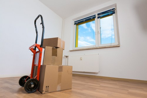 Packed office equipment ready for commercial transport in Ruislip